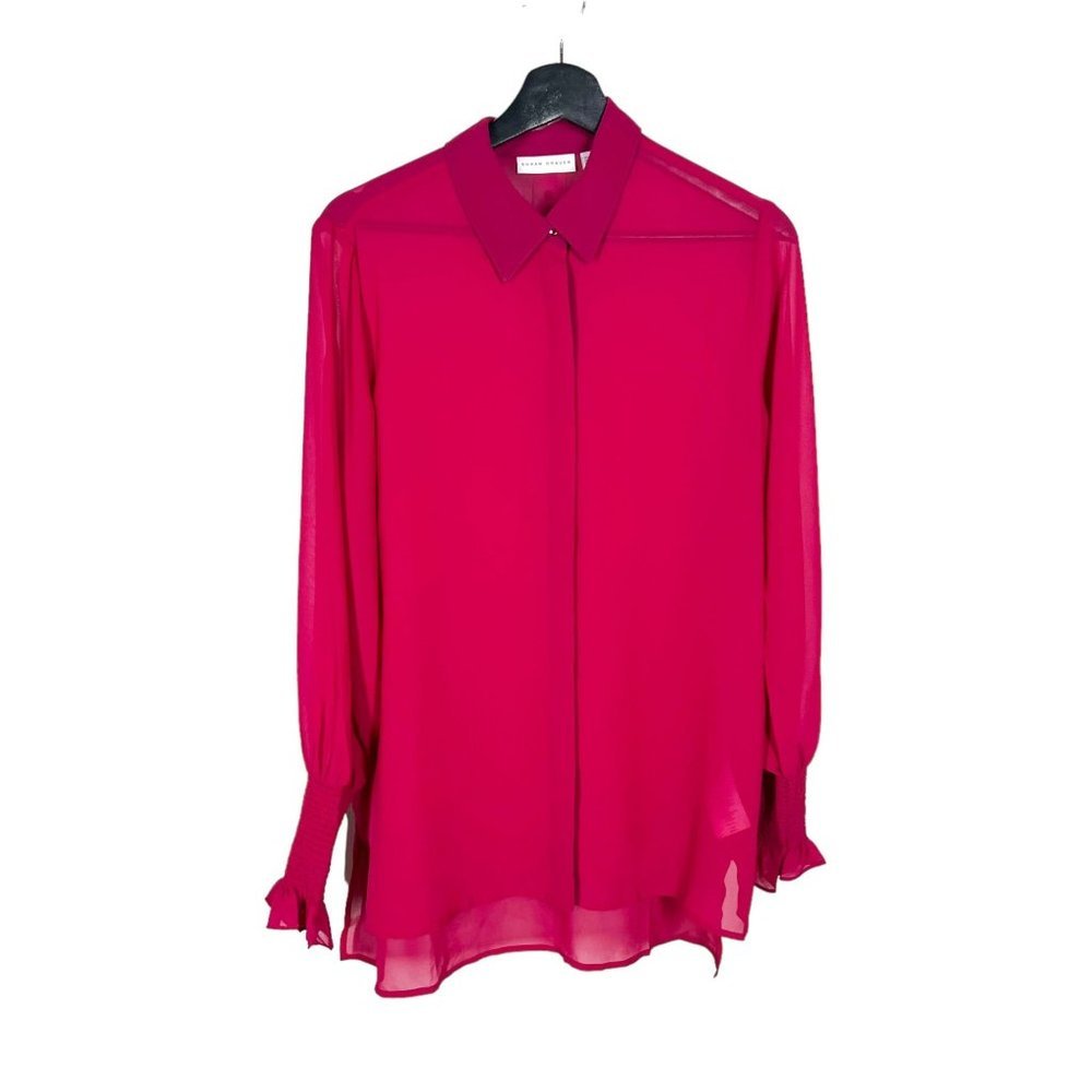 Susan Graver Red Sheer Long Sleeve Button Up Top 6